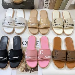 2023 Women Woody Mules Flat Sandals Slippers Slides Designer Canvas Slippers pink beige white black sail womens Fashion Outdoor Beach slippers shoes With Box