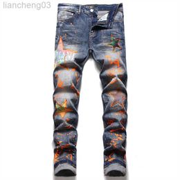 Men's Jeans EHMD Orange Splash Ink Jeans Men's Star Embroidery Patch 3D Printing Soft Casual Cotton Trend Youth Distress Extension Stretch W0413