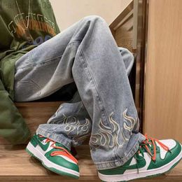 Men's Jeans Fashion Flame Embroidery Men's Jeans Neutral Wide Leg Denim Trousers Loose Straight Jeans Youth Casual Baggy Hip Hop Pants 2023 W0413