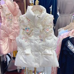 Women's Vests Chalecos Para Mujer Waistcoat Women Heavy Studded Flower Drawstring Sleeveless Vest Cotton Jacket White Parkas Zip Top