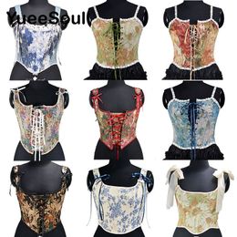 Camisoles Tanks Vintage Women Corset Printed Sleeveless Bandage Hollow Out Slim Crop Tops Fashion Cute Y2K Sexy Female Bustier Camisole 230412