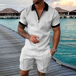 Men's Tracksuits Fashion Solid Colour Men's Polo Suit Men Sets Mesh Printed Streetwear zipper Short Sleeve Shorts Two Pieces Men Casual Suit 230413