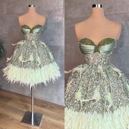 Prom Sequins Sweetheart Gorgeous Dresses Beads Shining Feathers Backless Lovely Short Custom Made Party Dress Plus Size Vestido De Noite