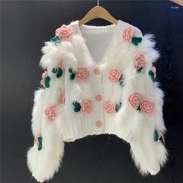 Women's Knits Limiguyue Autumn Winter 3D Rose Flowers Women Sweaters Chic Feather Knit Cardigan Tassel Cropped Cashmere Knitwear Coat U997