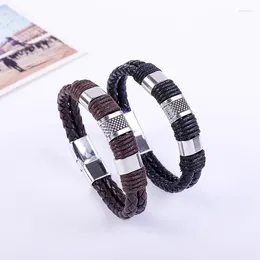 Charm Bracelets Black/Dark Brown Men's Leather Bracelet With Magnetic Clasp - Handmade Braided Cuff PL30FG-3D