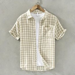 Men's Casual Shirts Summer Linen Plaid For Men Hawaii Short Sleeve Turn-down Collar Breathable Patchwork Thin Clothes