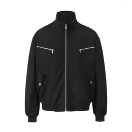 Men's Jackets High Street Solid Colour Oversize Coat Black Loose Retro Casual Flying Zipper Jacket Y2K Stand Collar Men Outerwear