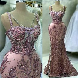 Mermaid Pink Prom Dresses Crystals Beaded Spaghetti Straps Floor Length Custom Made Ruched Evening Party Gowns Vestidos Plus Size