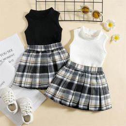 Clothing Sets Fashion Summer Toddler Born Girls 2 Pieces Suit White Black Vest Tops Plaid Skirt Kids Infant Baby Girl Set Clothes Costume