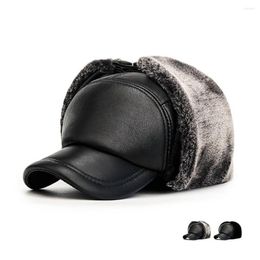 Ball Caps Winter Men Baseball Earflaps Hats For Male Dome PU Material 58cm Fold Protect Ears Outdoor Warm Velvet Interior Thicken