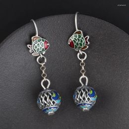 Dangle Earrings 925 Sterling Silver Enamel Small Fish For Women Retro Ethnic Long Hanging Certified Jewellery Wholesale EH160