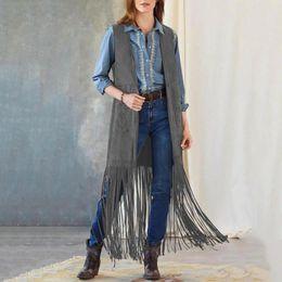 Women's Vests Open Front Fringed Vest Western 70s Hippie Cardigan Fringe Tassel With Patch Pockets Loose For Cowboy