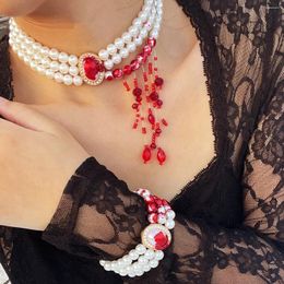 Choker DIEZI Multilayer Red Blood Imitation Pearl Pendant Chokers Necklace Women Vintage Goth Crystal Bead Tassel Halloween Jewellery