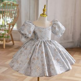 Girl's Dresses Baby Girl Princess Pearl Beading Satin Dress Puff Sleeve Child Vintage Vestido Party Pageant Birthday Frocks Baby Clothes 1-10Y 230413