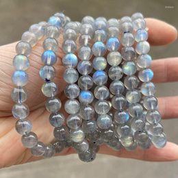 Strand 7-8mm Natural Grey Labradorite Moonstone Stone Smooth Round Shape Beads Fashionable Women's Handmade Elasticity Bracelet Sk252