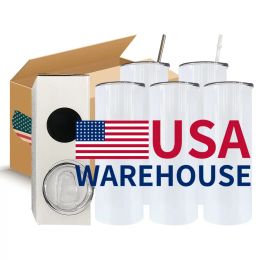 USA Warehouse 20OZ Sublimación en blanco Botellas de agua Tazas de café de tapa de acero inoxidable con pajitas de plástico y pajitas de plástico