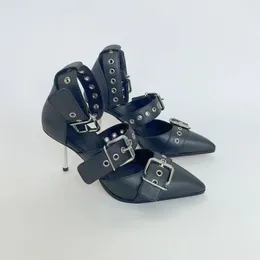 Sandals Black Leather Women Belt Buckle Ladies Shoes Pointed Head Sapatos Feminino Stiletto High Heels Zapatillas De Mujer