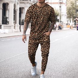 Men's Tracksuits Leopard Print T shirt Trousers Fashion Streetwear Sports Short Sleeve T Shirt pants 2 Pcs Sets Men Tracksuit jogging 230413