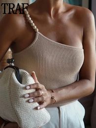 Camisoles Tanks TRAF Beige Knit Crop Top Female One Shoulder Asymmetric Women Summer Sexy Backless Tank s Woman Y2K Streetwear 230412