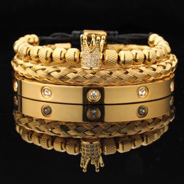 Luxury Bangle Bracelet Micro Pave CZ Crown Roman Royal Charm Men Bracelets Stainless Steel Crystals Bangles Couple Handmade 3pcs/set Jewelry Gift