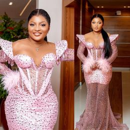 Plus Size Aso Ebi Prom Dresses Pink Cap Sleeves Beaded Sequined Feather Evening Dress African Nigeria Party Celebration Gowns