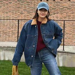 Women's Jackets 2023 Winter Vintage Women Denim Jacket Long Sleeve Single Breasted Casual Plush Detachable Collar Coat For Lady