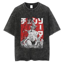 Men's T-Shirts Men Washed Tshirt Anime Chainsaw Man T Shirt Women Streetwear Cotton T-Shirt Power Loose Short Sleeve Shirts Pochita Denji Tees 230413