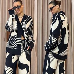 Women's Pants Printing Long Sleeved Female Suits 2023 Autumn Block Colour Causal High Waisted Wide Leg Leisure Fashion Sets