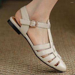 Sandals Women's Genuine Leather Narrow Band Braided Cage Round Toe T-strap Flats Roman Style Female Summer Casual Daily Shpes