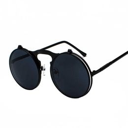 Vintage Steampunk Flip Up Men Sunglasses Women Retro Round Metal Frame Sun Glasses Hinge Design Curved Legs Uv400 230920