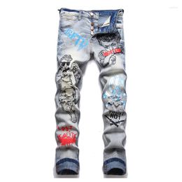 Men's Jeans Mcikkny Men Ripped Pleated Casual Pants Washed Hip Hop Cartoon Printed Denim Trousers Blue