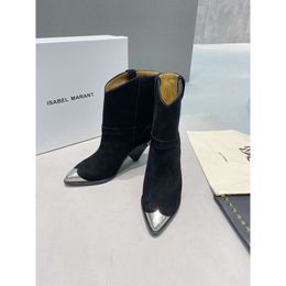 Designer Classic Isabel Boots Marant Lamsy Embellished Black Suede women Ankle Boots Runway Fashion Metal Heel Toe