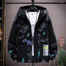 Men's Jackets Fashion Hooded Spring Autumn Graffiti Printed Patchwork Coats Youth Hip Hop Streetwear Loose Windproof Top Clothes