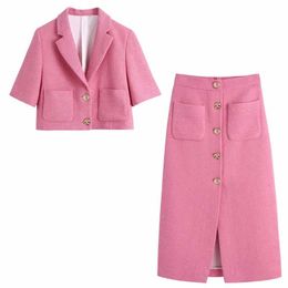 Women's Suits & Blazers Women Fashion With Pockets Tweed Coat Vintage Notched Collar Short Sleeve Female OuterwearAnd Hight Waist Skirt Chic