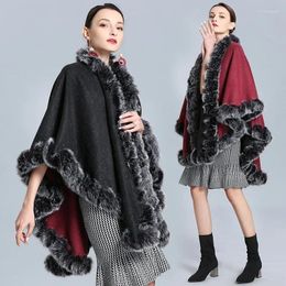 Scarves Winter Warm Plus Size Long Poncho Black Grey Faux Fur Collar Outstreet Shawl Cloak Women Both Side Wear Loose Capes