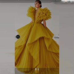 Amazing Puffy Tulle Prom Dresses Pleated A Line Ruffles Tiered Ball Gown Evening Dress Saudi Arabia Women Formal Party Dress Robe De Soiree Custom Made Color And Size