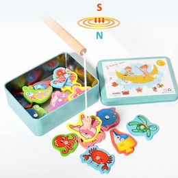 Intelligence toys 16Pcs/set Baby Wooden Magnetic Fishing Game Toys Set Iron Box Novelty Cognition Cartoon 3D Wood Funny Undersea Fish Toy Gifts 230412