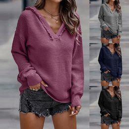 Women's Sweaters Women V Neck Long Sleeve Hooded Ribbed Knit Pullover Tops