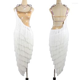 Stage Wear Latin Dance Dress White Fringe Women Competition Swing Skirt Rumba Dancing Costume BL3139