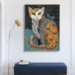 Gustav Klimt Famous Artwork Cat Art Canvas Painiting Abstract Cute Animals Poster Print Retro Wall Art Pictrue Living Room Decor