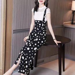 Women's Two Piece Pants Summer Overalls Tank Jumpsuits Dots Printed Sleeveless Wide Leg Female Casual Calf Length Rompers 2pcs Outfits E05