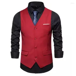 Men's Vests Suit Vest Business Formal Dress Waistcoat Tuxedo For Men Red Blazer V-Neck Single Breasted 3 Pockets