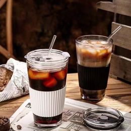 Tumblers 450ml With Straw Glass Coffee Cup Thick Mug Milk Juice Drinkware Travel Sealed Nonslip Set Reusable Water 230413