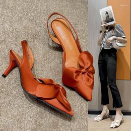 Dress Shoes 2023 Womens Pointed Toe Shallow Nude Orange Bow Heel Back Strappy Women Sandals