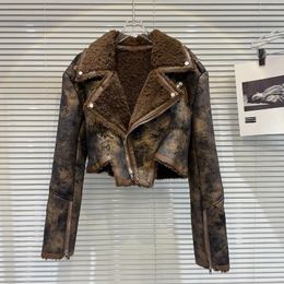 Women's Leather Women Fleece Lined Tie Dyed Crop Motorcycle Jacket Brown Black Vintage Top Winter Warm Coat