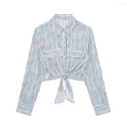 Women's Blouses Early Autumn Fashion Retro Temperament Casual Lapel Long-sleeved Linen Blended Striped Short Shirt