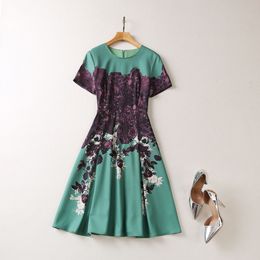 2023 Summer Black Floral Print Panelled Dress Short Sleeve Round Neck Midi Casual Dresses A3A101526