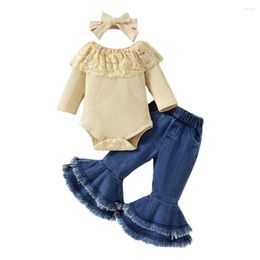 Clothing Sets Baywell Baby Girl Clothes Set Spring Autumn Lace Collar Long-sleeved Tops Denim Flared Trousers Headband Princess Outfits Suit