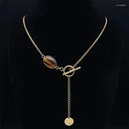 Pendant Necklaces Stainless Steel Tiger Eye Natural Stone Chian Necklace Gold Color Tassel Jewelry Collar Piedras Naturales NZ4S02