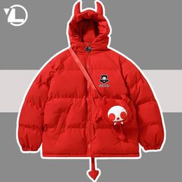 Men's Down Parkas High Street Padded Parkas Men Hip Hop Devil Horns Wing Tail Designer Hooded Down Jackets Winter Thicken Puffer Coats With Doll 231113